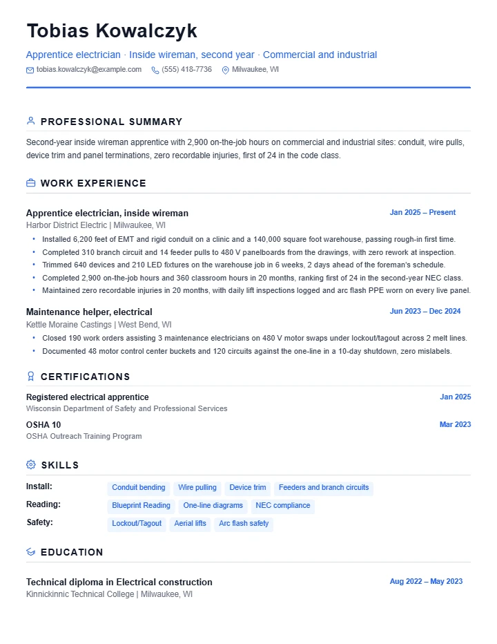 Electrician resume example, entry level, rendered in the Standard template