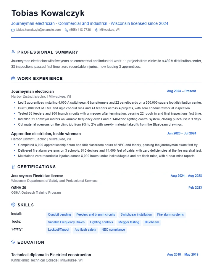 Electrician resume example, mid level, rendered in the Standard template