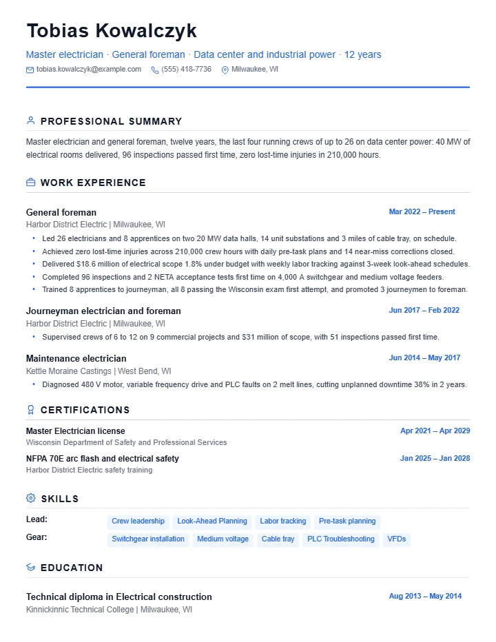 Electrician resume example, senior level, rendered in the Standard template