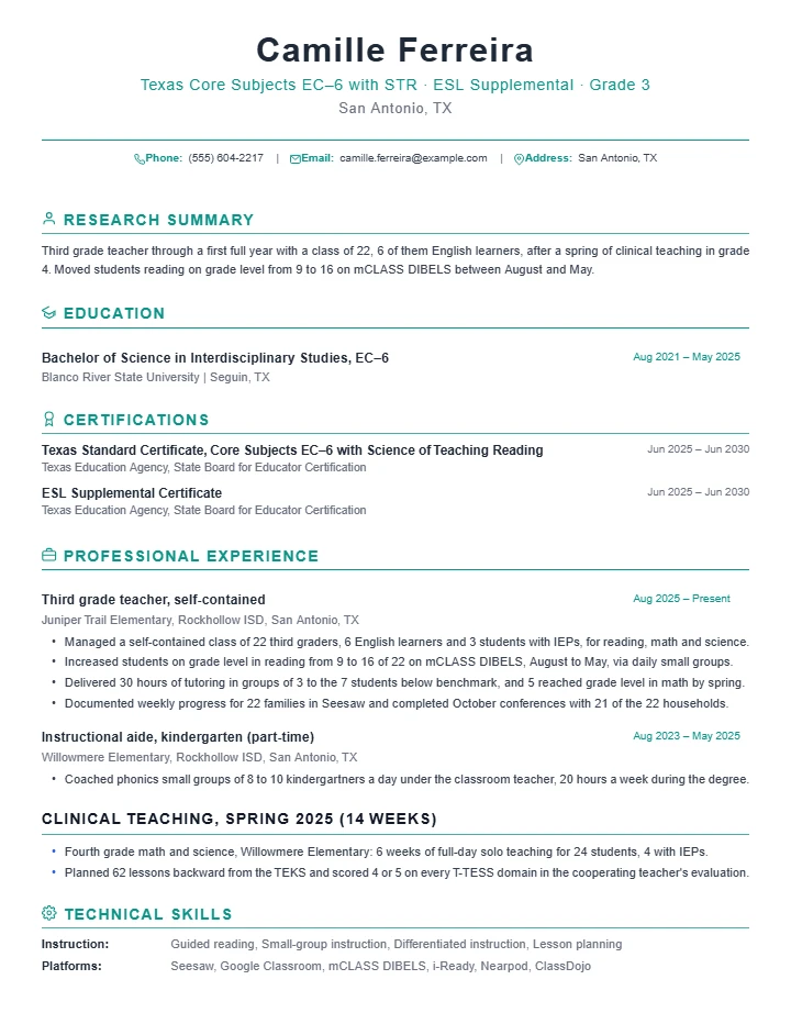 Elementary school teacher resume example, entry level, rendered in the Green Academic template