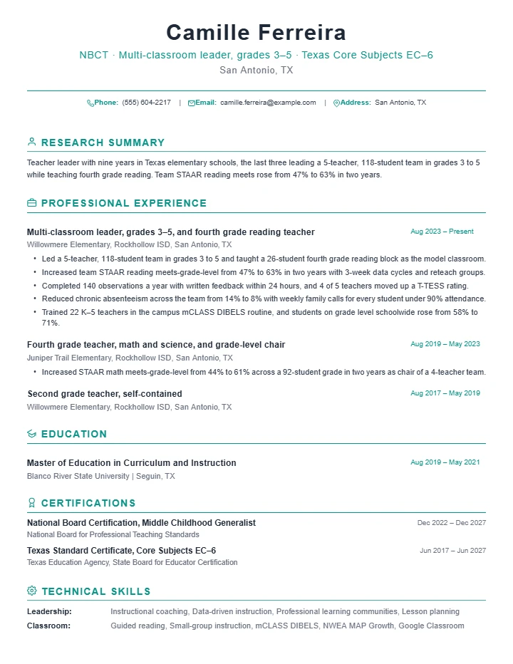 Elementary school teacher resume example, senior level, rendered in the Green Academic template