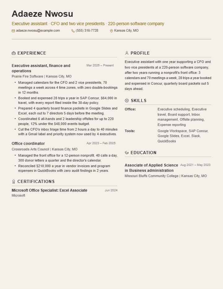 Executive assistant resume example, entry level, rendered in the Beige Two-Column template
