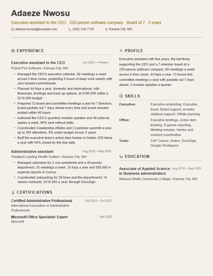 Executive assistant resume example, mid level, rendered in the Beige Two-Column template