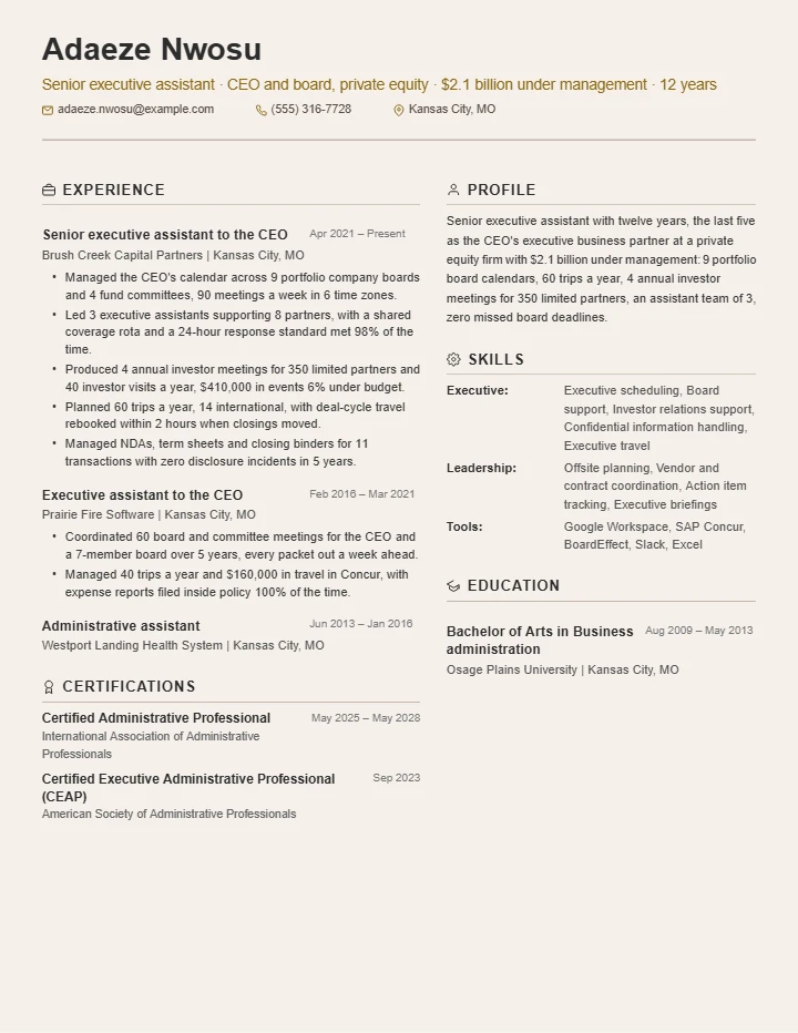 Executive assistant resume example, senior level, rendered in the Beige Two-Column template