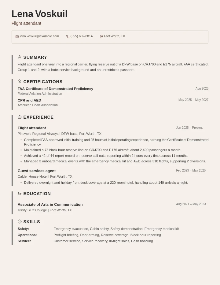 Flight attendant resume example, entry level, rendered in the Beige Border template