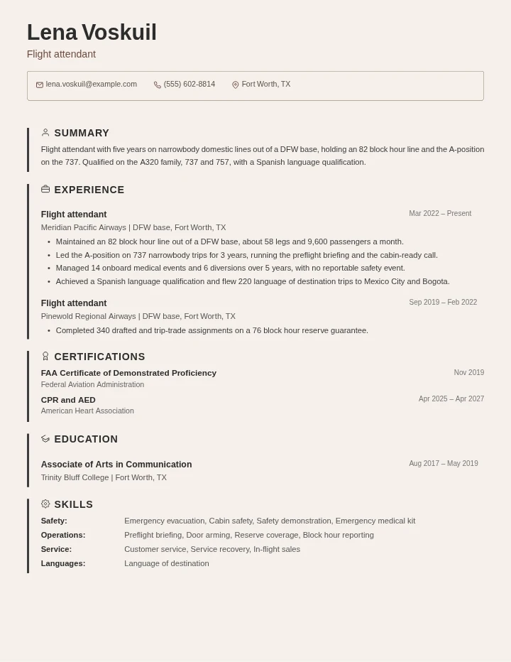 Flight attendant resume example, mid level, rendered in the Beige Border template