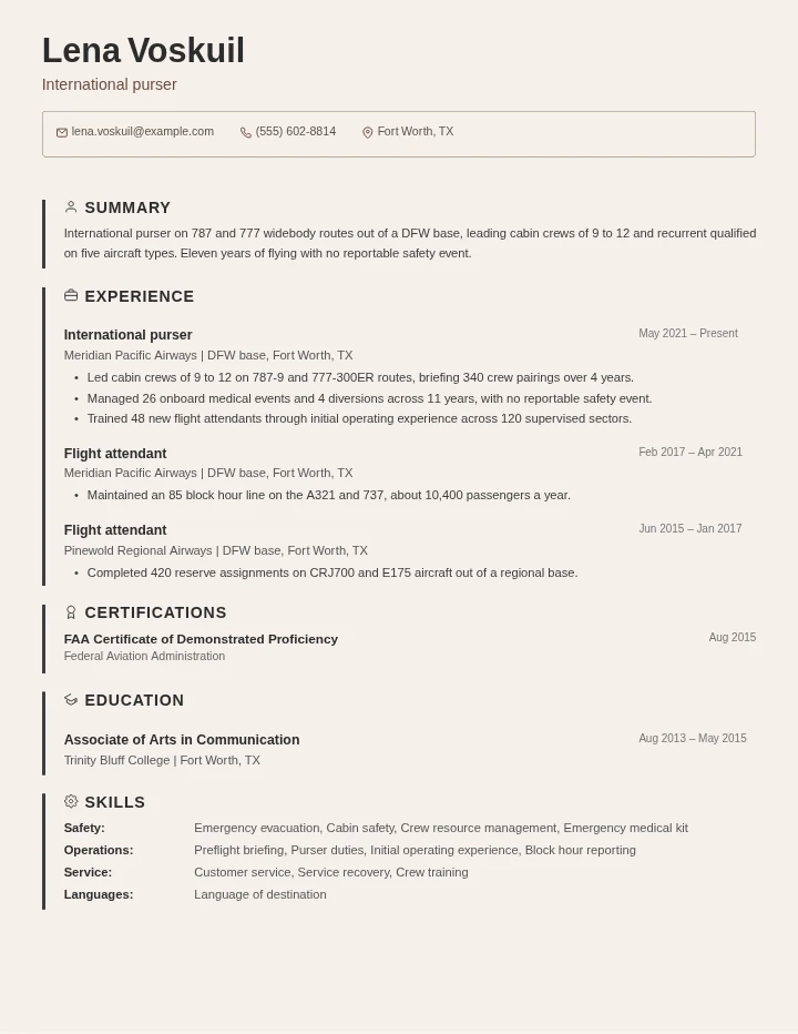 Flight attendant resume example, senior level, rendered in the Beige Border template
