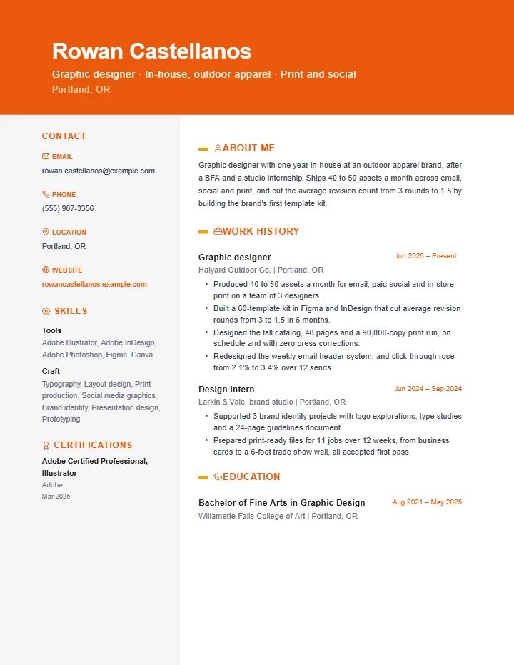 Graphic designer resume example, entry level, rendered in the Orange Creative template