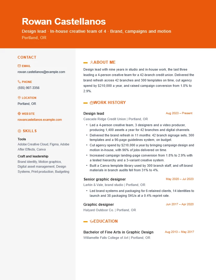 Graphic designer resume example, senior level, rendered in the Orange Creative template