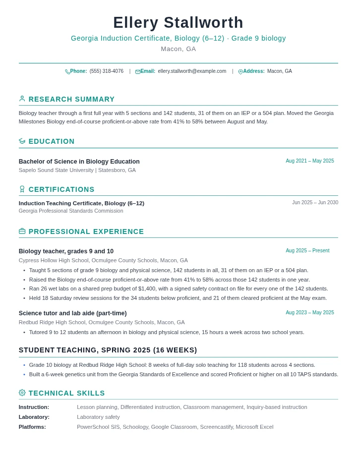 High school teacher resume example, entry level, rendered in the Green Academic template