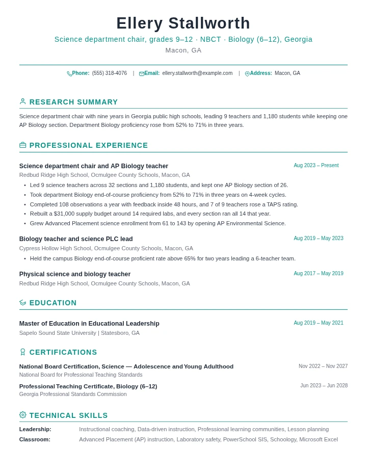 High school teacher resume example, senior level, rendered in the Green Academic template