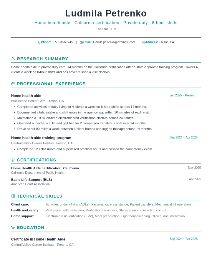 Home health aide resume example, entry level, rendered in the Green Academic template