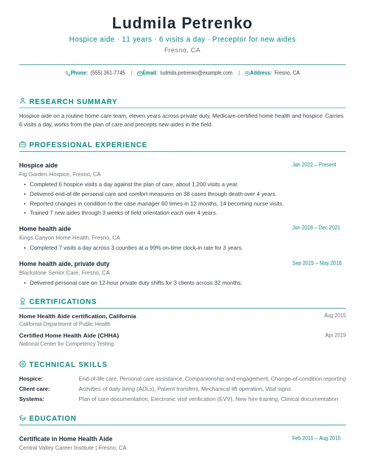 Home health aide resume example, senior level, rendered in the Green Academic template