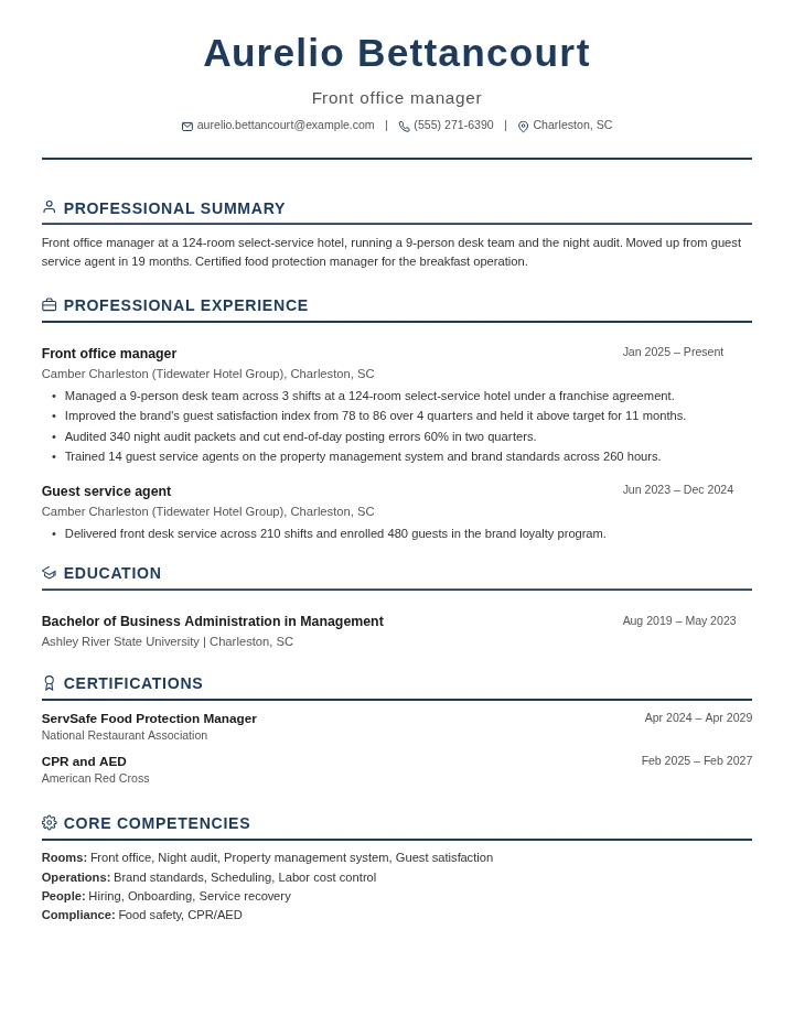 Hotel manager resume example, entry level, rendered in the Executive Classic template