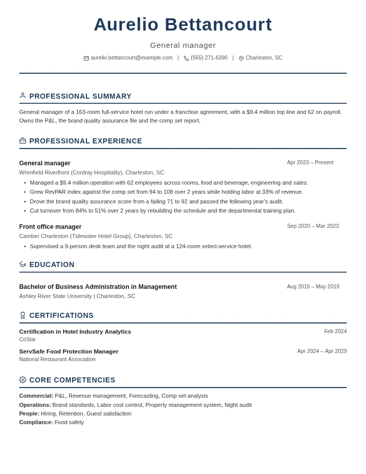 Hotel manager resume example, mid level, rendered in the Executive Classic template