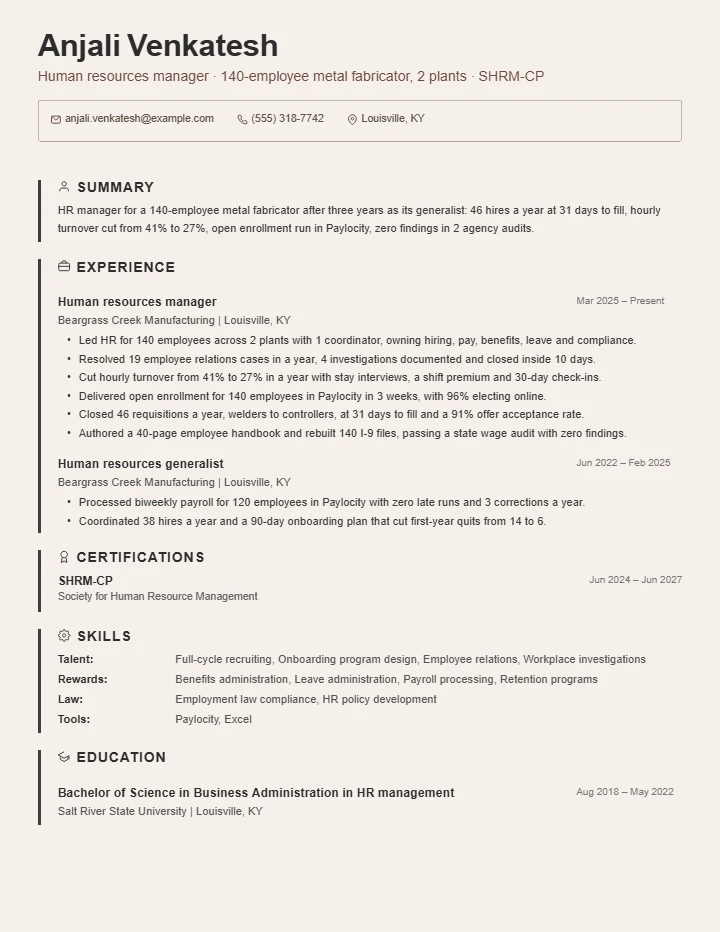 Human resources manager resume example, entry level, rendered in the Beige Border template