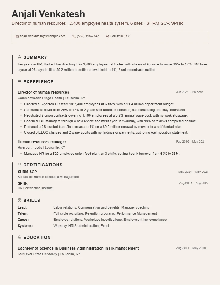 Human resources manager resume example, senior level, rendered in the Beige Border template