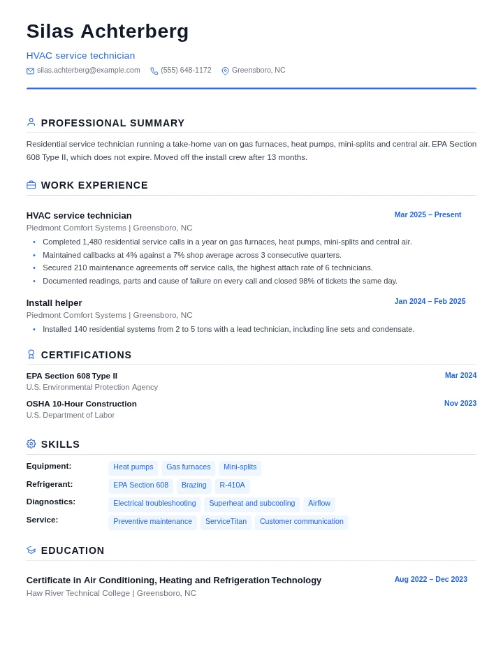 HVAC technician resume example, entry level, rendered in the Standard template
