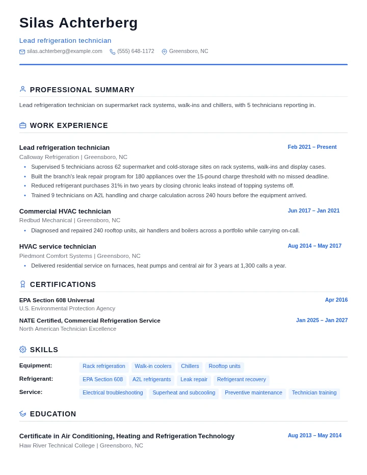 HVAC technician resume example, senior level, rendered in the Standard template