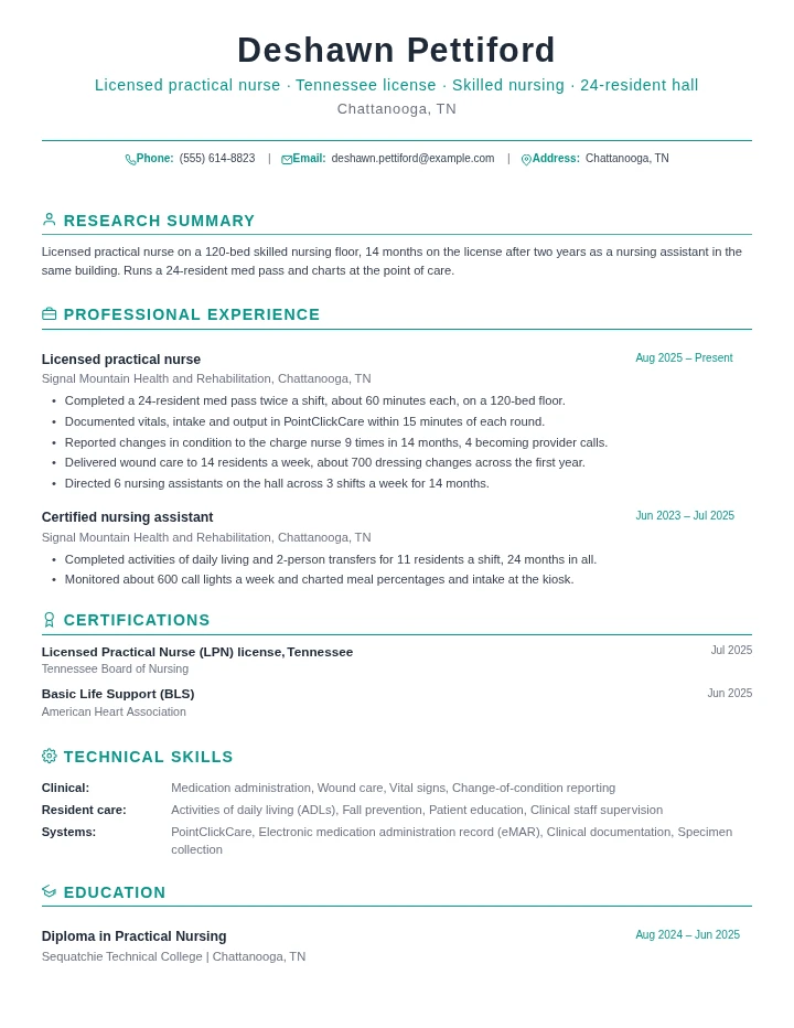 Licensed practical nurse resume example, entry level, rendered in the Green Academic template