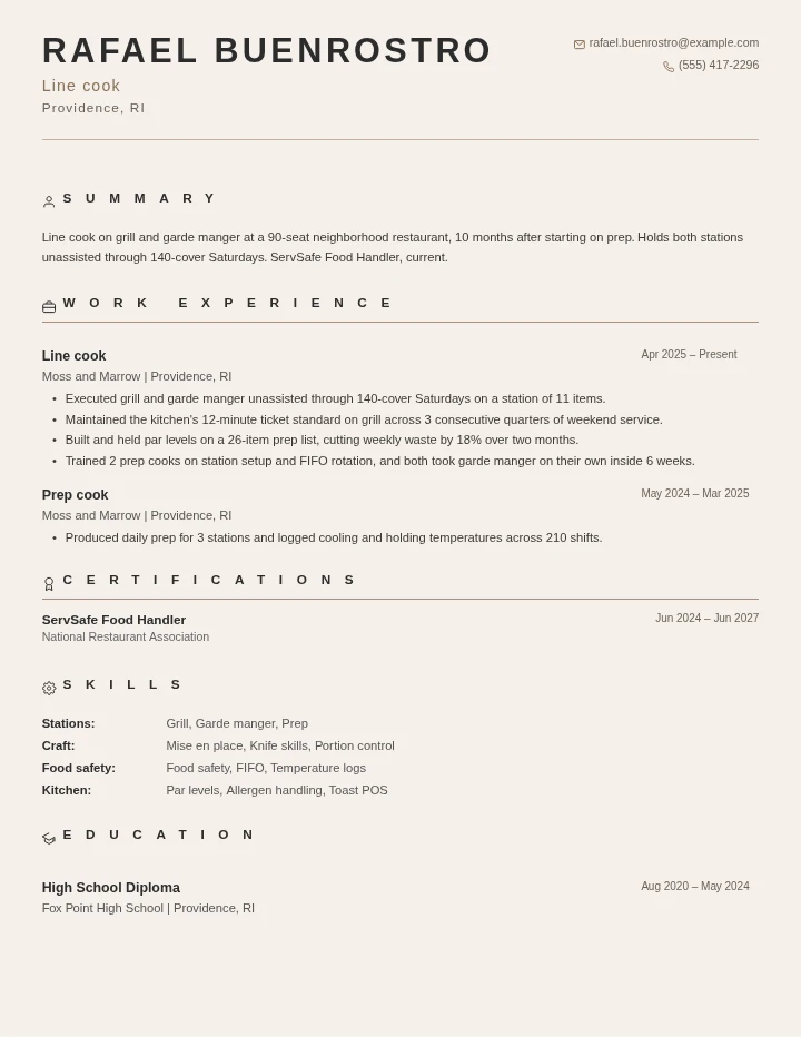 Line cook resume example, entry level, rendered in the Warm Classic template