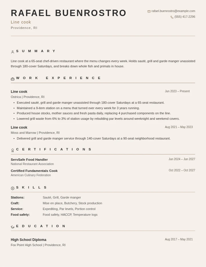 Line cook resume example, mid level, rendered in the Warm Classic template