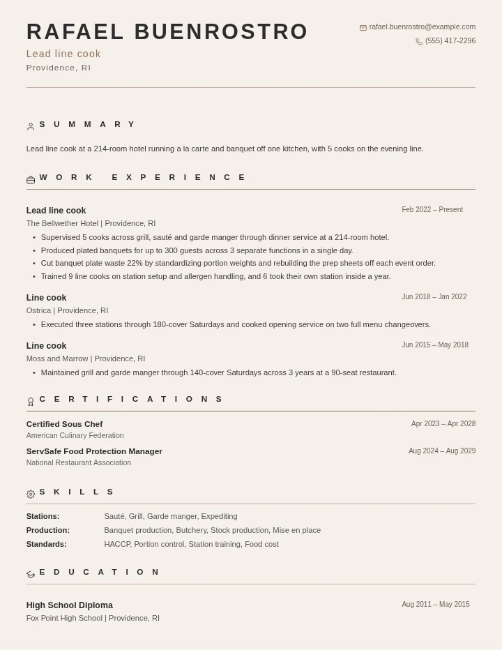Line cook resume example, senior level, rendered in the Warm Classic template
