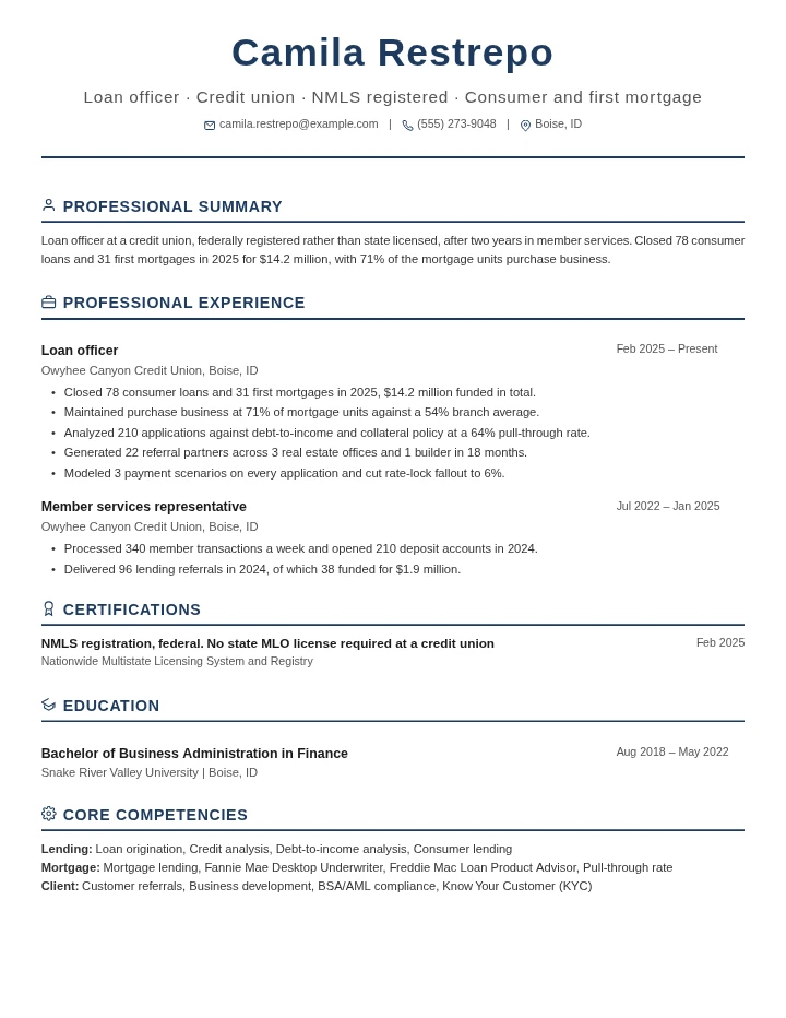 Loan officer resume example, entry level, rendered in the Executive Classic template