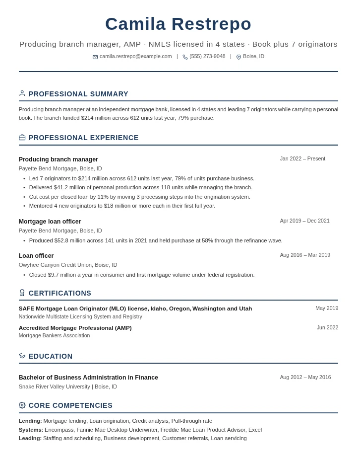 Loan officer resume example, senior level, rendered in the Executive Classic template