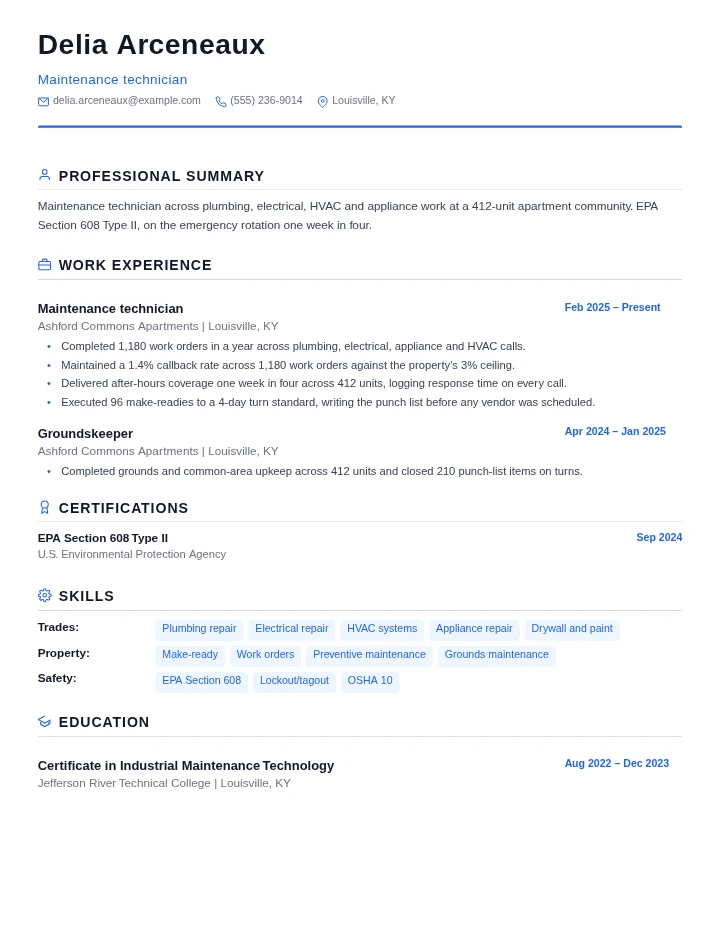 Maintenance technician resume example, entry level, rendered in the Standard template