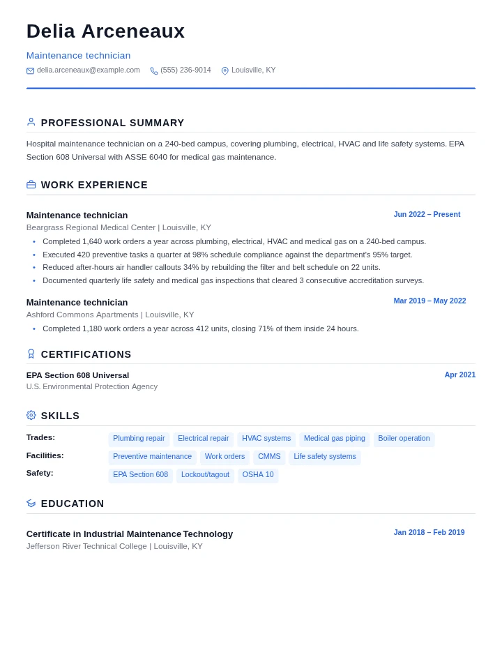 Maintenance technician resume example, mid level, rendered in the Standard template