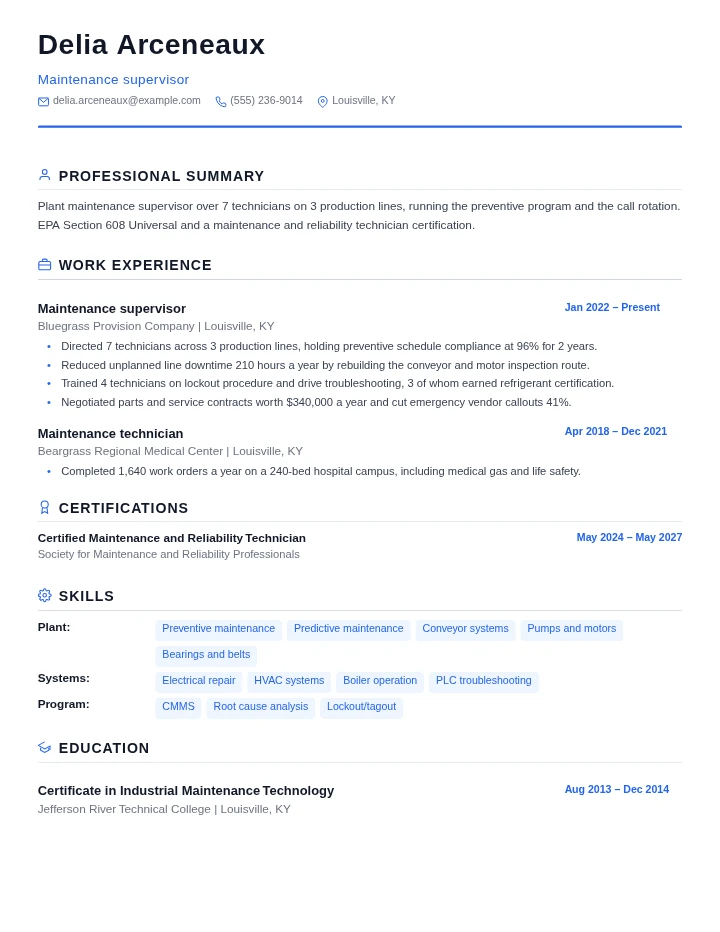 Maintenance technician resume example, senior level, rendered in the Standard template