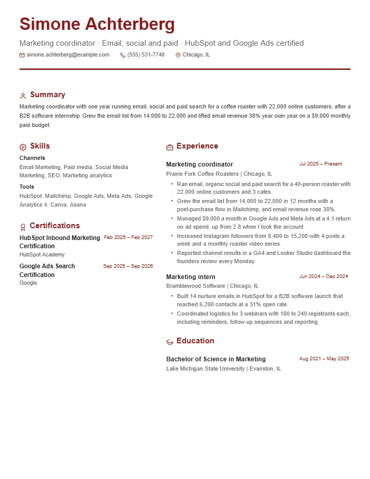 Marketing manager resume example, entry level, rendered in the Red & Gray Modern template