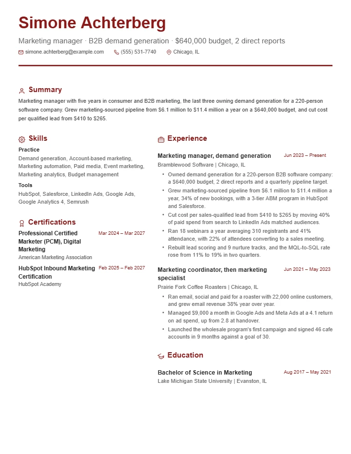 Marketing manager resume example, mid level, rendered in the Red & Gray Modern template