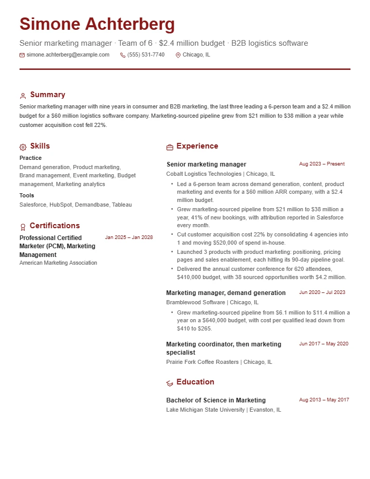 Marketing manager resume example, senior level, rendered in the Red & Gray Modern template