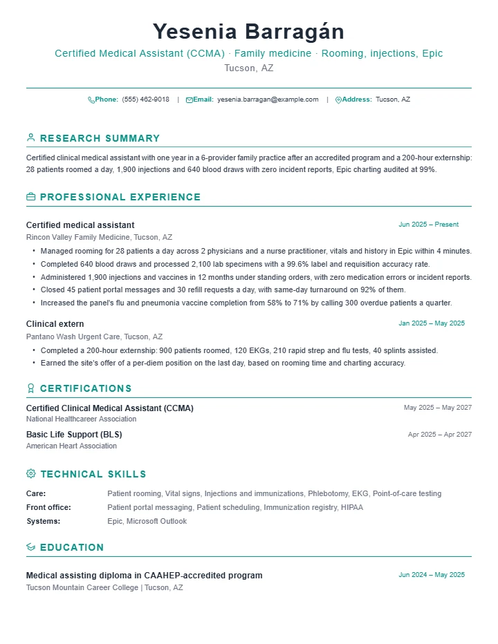 Medical assistant resume example, entry level, rendered in the Green Academic template