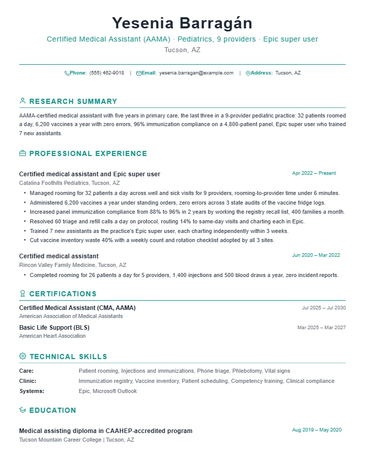 Medical assistant resume example, mid level, rendered in the Green Academic template