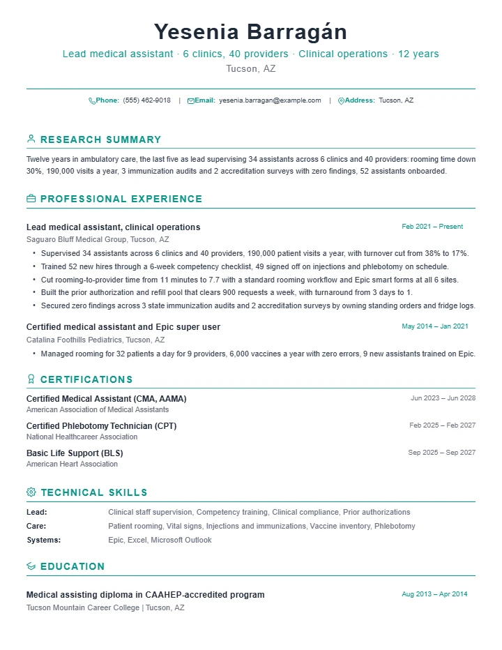 Medical assistant resume example, senior level, rendered in the Green Academic template