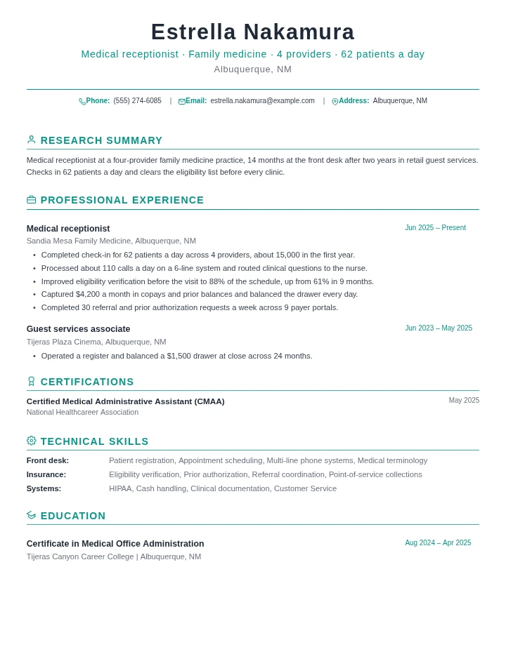 Medical receptionist resume example, entry level, rendered in the Green Academic template
