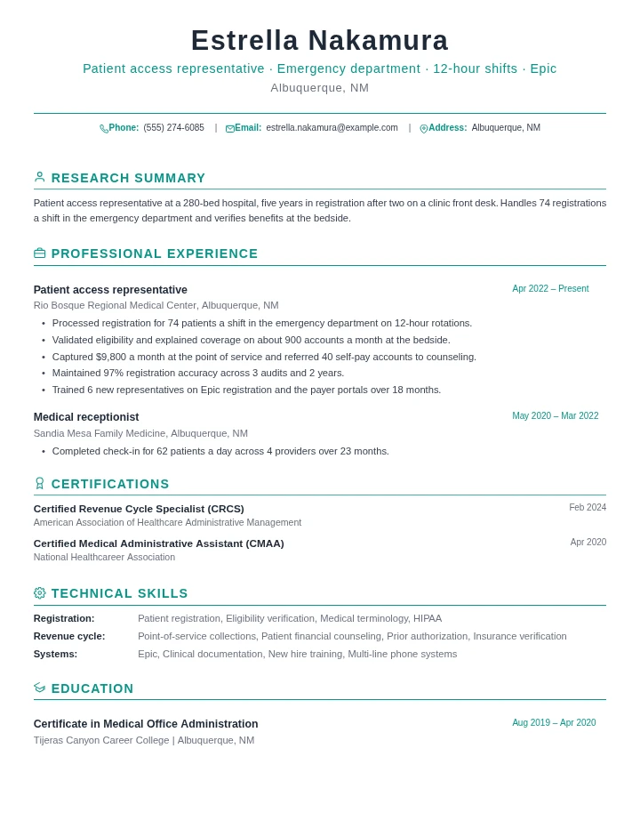 Medical receptionist resume example, mid level, rendered in the Green Academic template