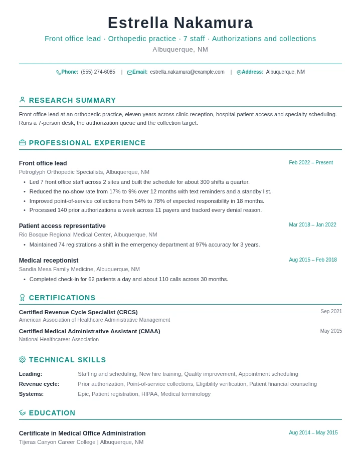 Medical receptionist resume example, senior level, rendered in the Green Academic template