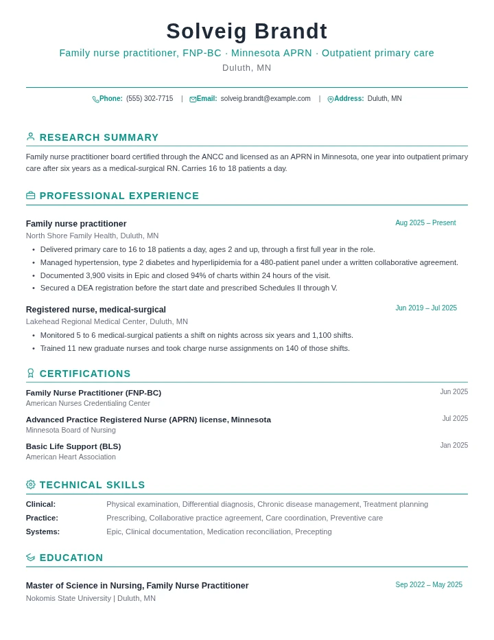 Nurse practitioner resume example, entry level, rendered in the Green Academic template