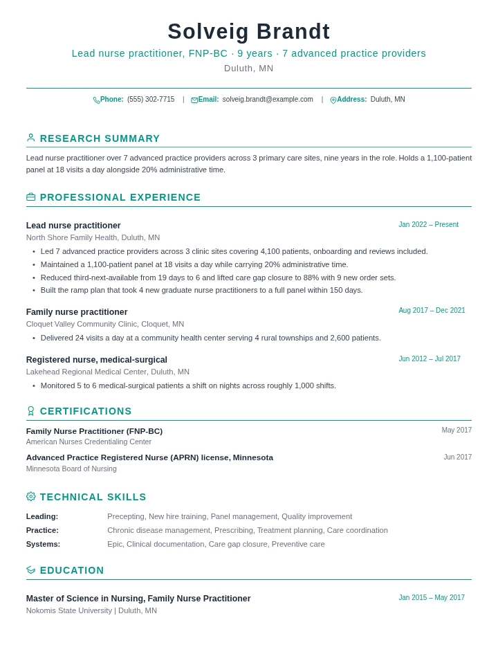 Nurse practitioner resume example, senior level, rendered in the Green Academic template