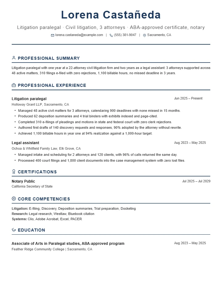 Paralegal resume example, entry level, rendered in the Executive Classic template