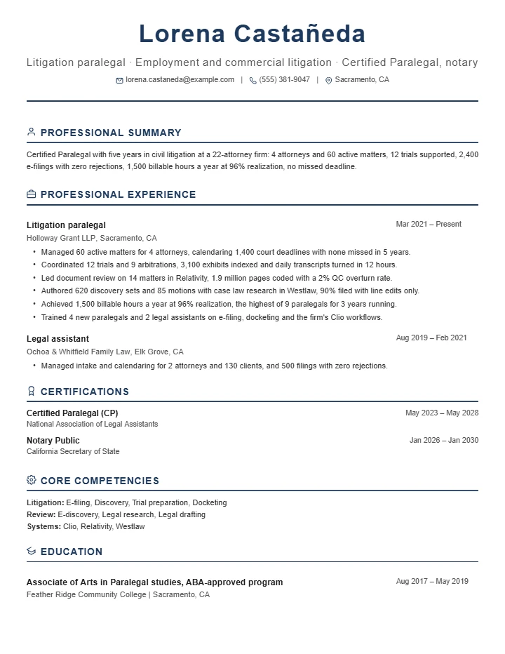 Paralegal resume example, mid level, rendered in the Executive Classic template