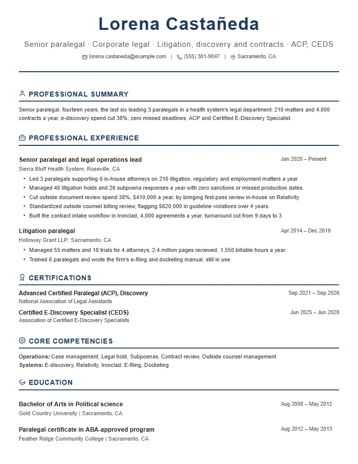 Paralegal resume example, senior level, rendered in the Executive Classic template