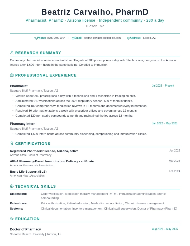 Pharmacist resume example, entry level, rendered in the Green Academic template