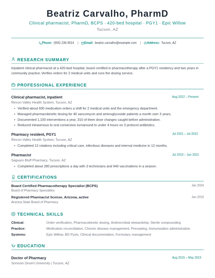 Pharmacist resume example, mid level, rendered in the Green Academic template