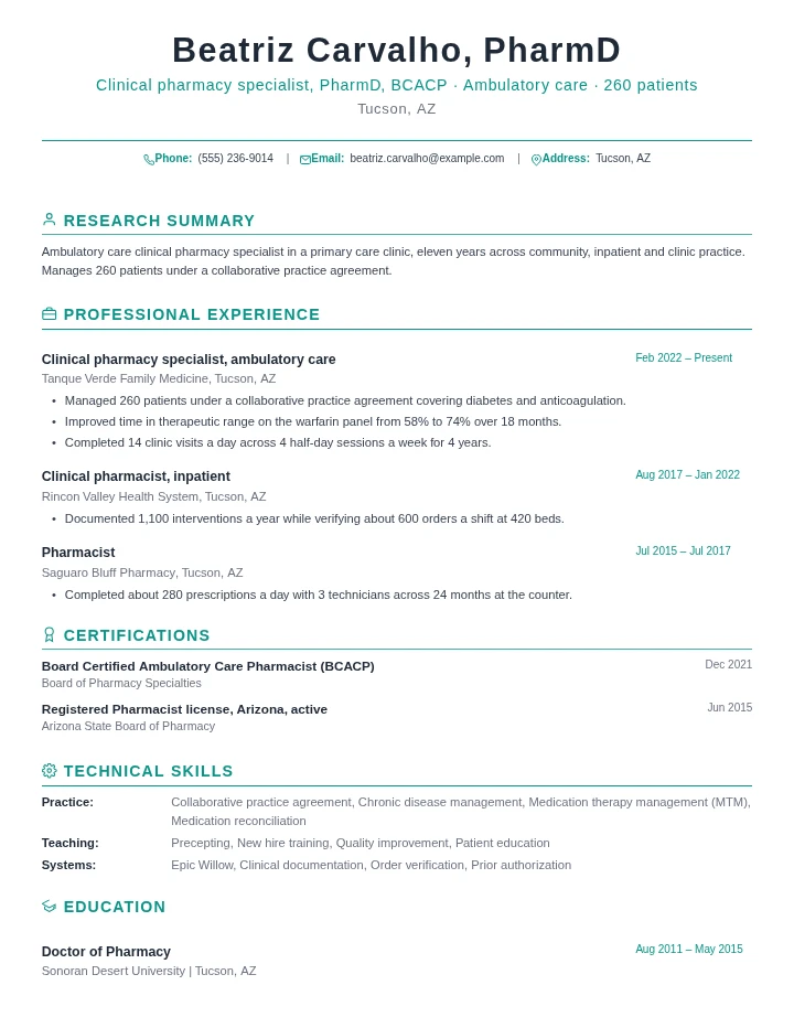 Pharmacist resume example, senior level, rendered in the Green Academic template