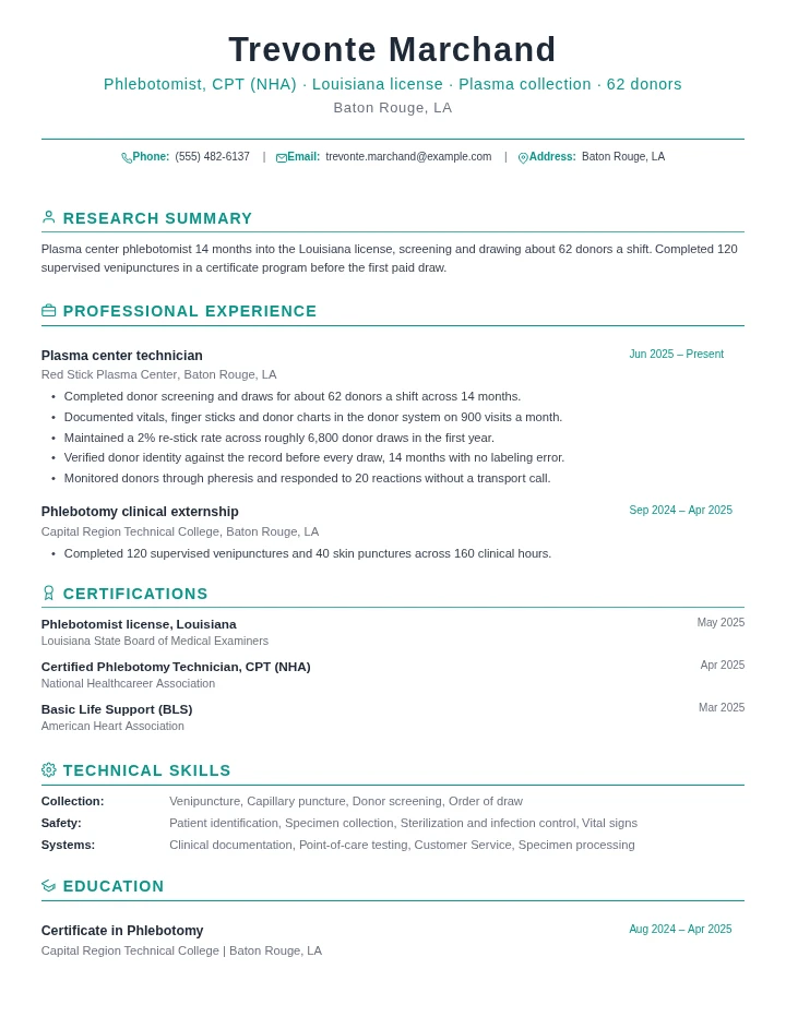 Phlebotomist resume example, entry level, rendered in the Green Academic template